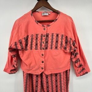 80s Coral Pink Geometric 2 Piece US Boys Non Stop wear Size Large Made in USA
